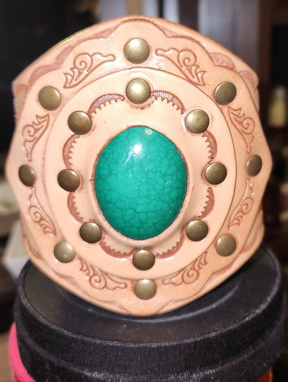Three Bird Nest Handcrafted Tan Leather Cuff Bracelet with Green Turquoise Stone